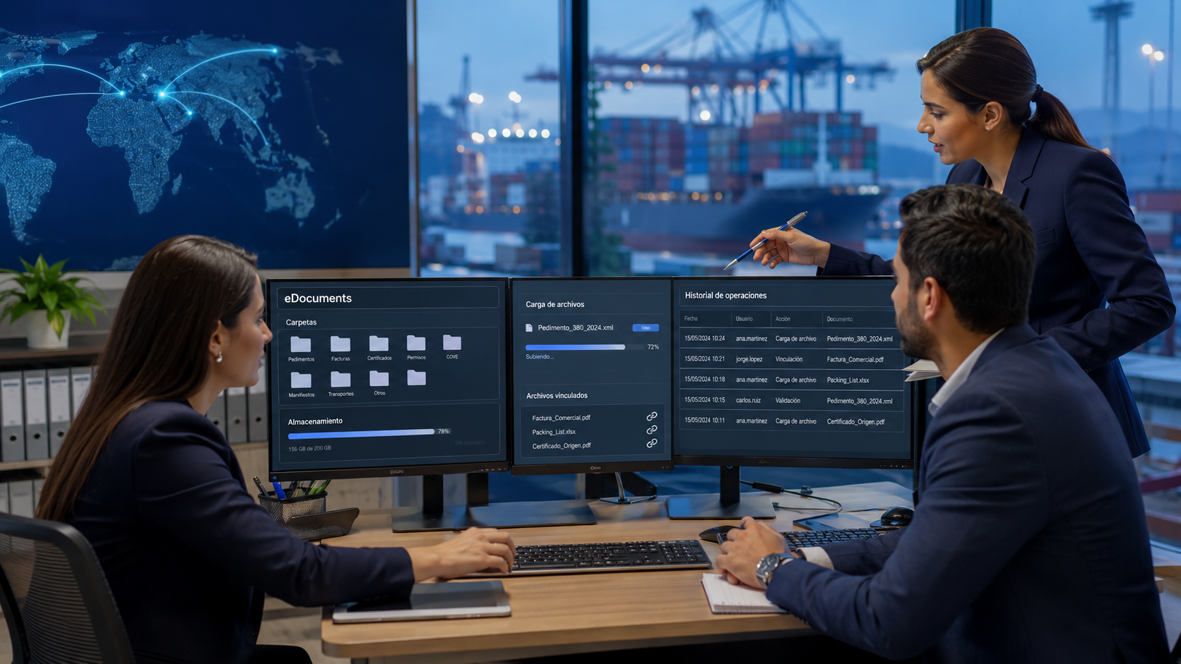 Equipo cargando eDocuments y documentos vinculados en una operación de importación