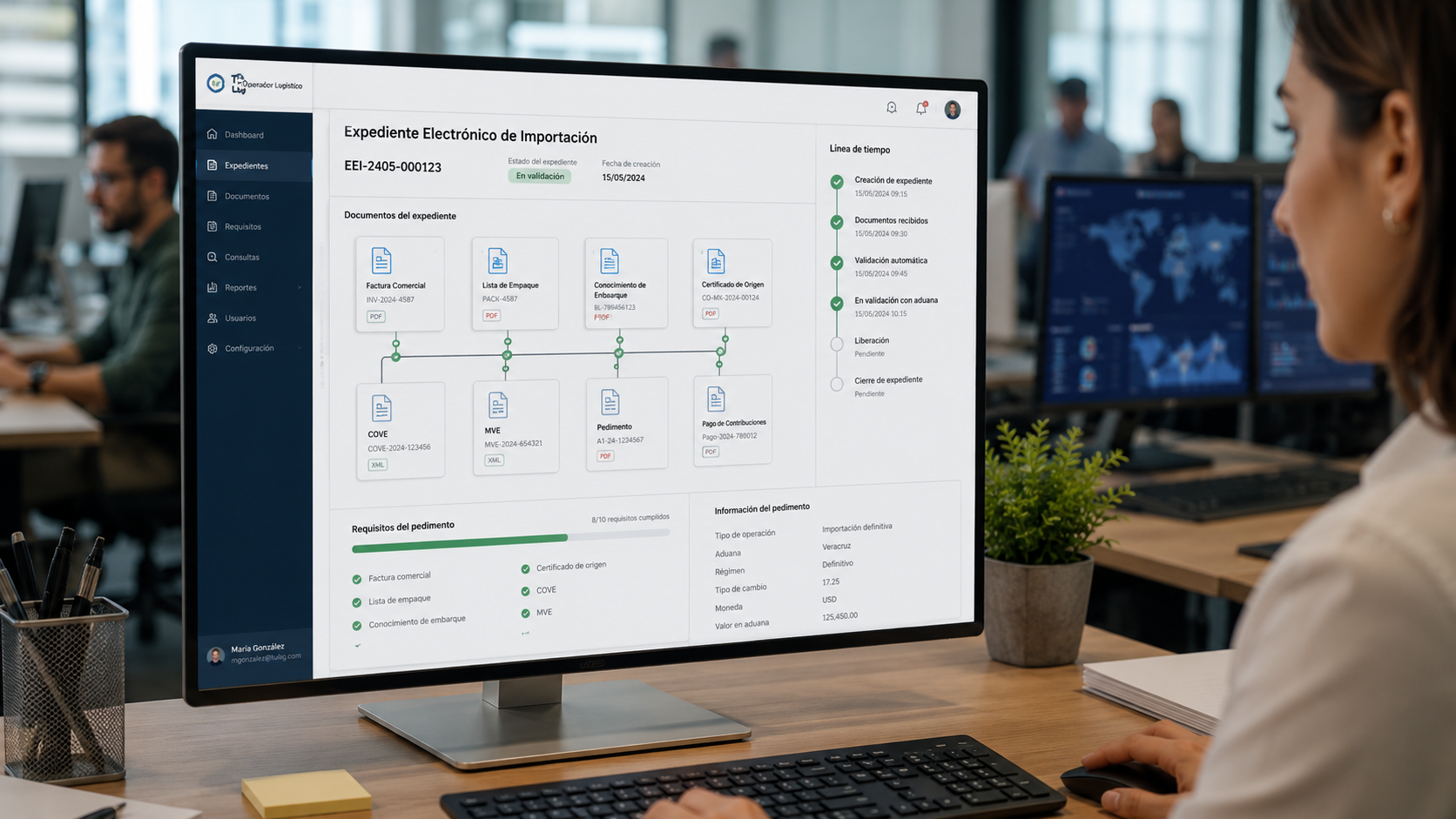 Pantalla con expediente electrónico de importación y documentos conectados