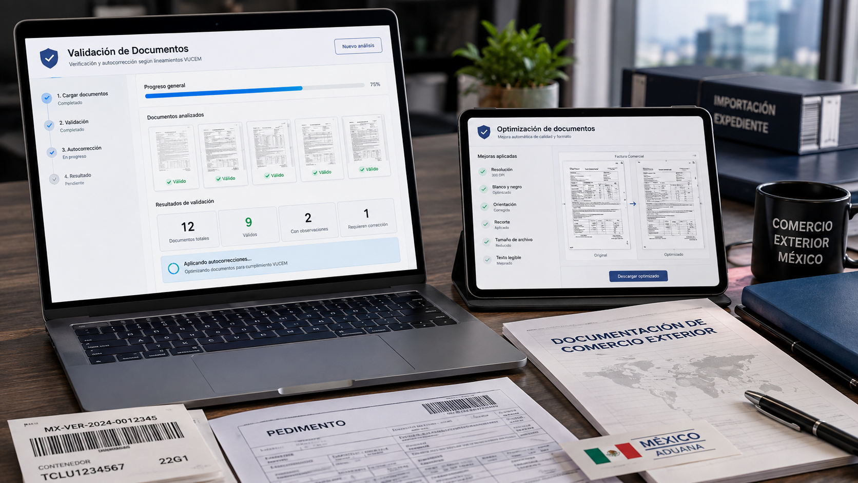 Validación y autocorrección de PDF para VUCEM en un escritorio profesional de comercio exterior